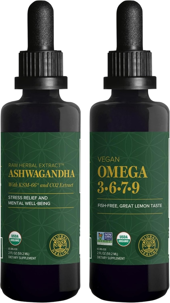 Global Healing Center Ashwagandha & Omega 3 6 7 9 Kit - Ayuda con Nervousness, Brain Health, Heart Health y Eye Health