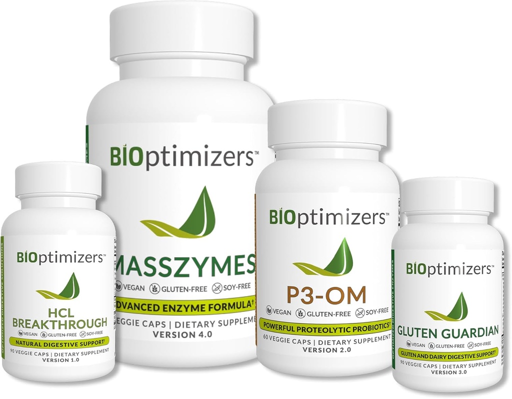 BiOptimizers - Esencial Digestivo Enzymes Bundle - P3-OM - Gluten Guardian - MassZymes - HCL Breakthrough - Doctor-Formulated - 360 Capsules