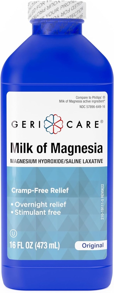GeriCare Milk of Magnesia, Magnesium Hydroxide 1200mg sometida Fast Overnight Constipation Relief Tortura Cramp-Free Saline Laxative " Stool Softener sometida Antacid for Heartburn " Indigestión duradera Original Flavor durable 16 Fl Oz