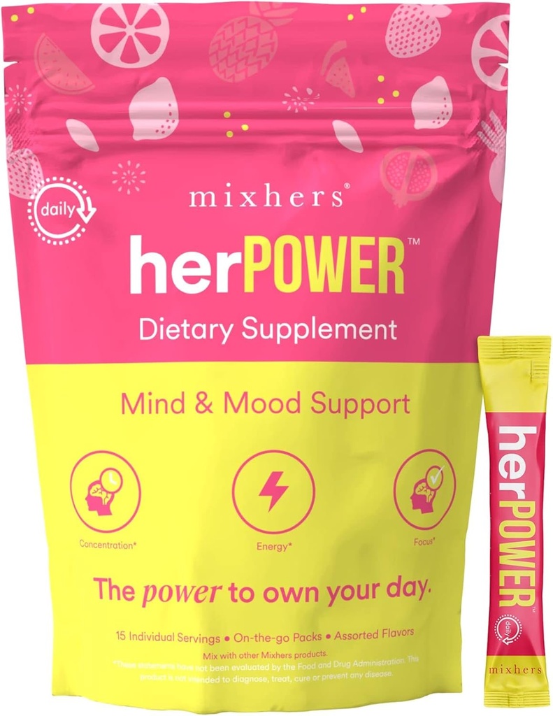 MIXHERS Focus Brain Support Suplemento ← Caffeine-Free ← Ingredientes naturales para la claridad cognitiva, la concentración, " Hydration ¦ Pineapple Berry Flavor ← 15 Stick Packets