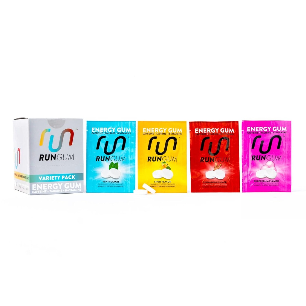 RUN GUM Variety PackEnergy Chewing Gum 50mg Caffeine Taurine & B-Vitamins Por Piece, 24 piezas (Pack of 12) Sugar Gratis, Zero Calorie, No Aspartame y Gluten Free