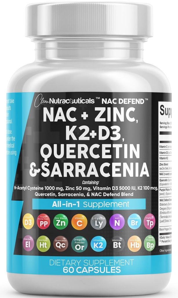 NAC Supplement N-Acetyl Cysteine Vitamin D3 K2 Zinc Quercetin Sarracenia Purpurea Immune Support | Elderberry Holy Basil Bee Propolis Bromelain L-Lysine Capsules Supplements For Women Men Adults