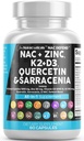 NAC Suplemento N-Acetyl Cysteine Vitamin D3 K2 Zinc Quercetin Sarracenia Purpurea Immune Apoyo ← Elderberry Holy Basil Bee Propolis Bromelain L-Lysine Capsules Suplementos Para Mujeres Hombre Adultos