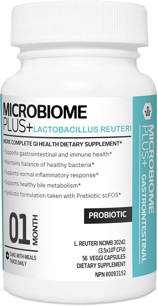 Microbiome Plus Probióticos Gastrointestinales L Reuteri NCIMB 30242 GI Suplementos Digestivos Cápsula, Alergía Segura > Gratuito para Hombres y Mujeres (1 Mes de Suministro)
