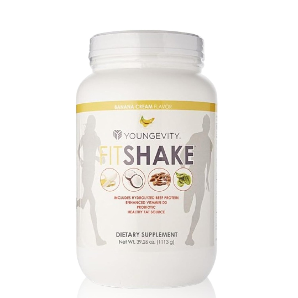 Youngevity FitShakeTM Banana Cream TEN 20g Gut-Friendly Protein ANTE Electrolytes, Minerales, Collagen, Gelatina, Vitamina D, Probióticos y Más ANTE 30 Servimientos - 2.4 lbs