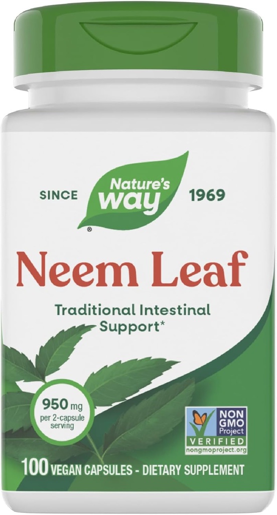 Fuentes de hoja de neem natural, soporte intestinal tradicional*, utilizado en Ayurveda, 950 mg por servicio de 2 cápsulas, proyecto no GMO verificado, vegano, 100 conde (paquete mayo Vary)