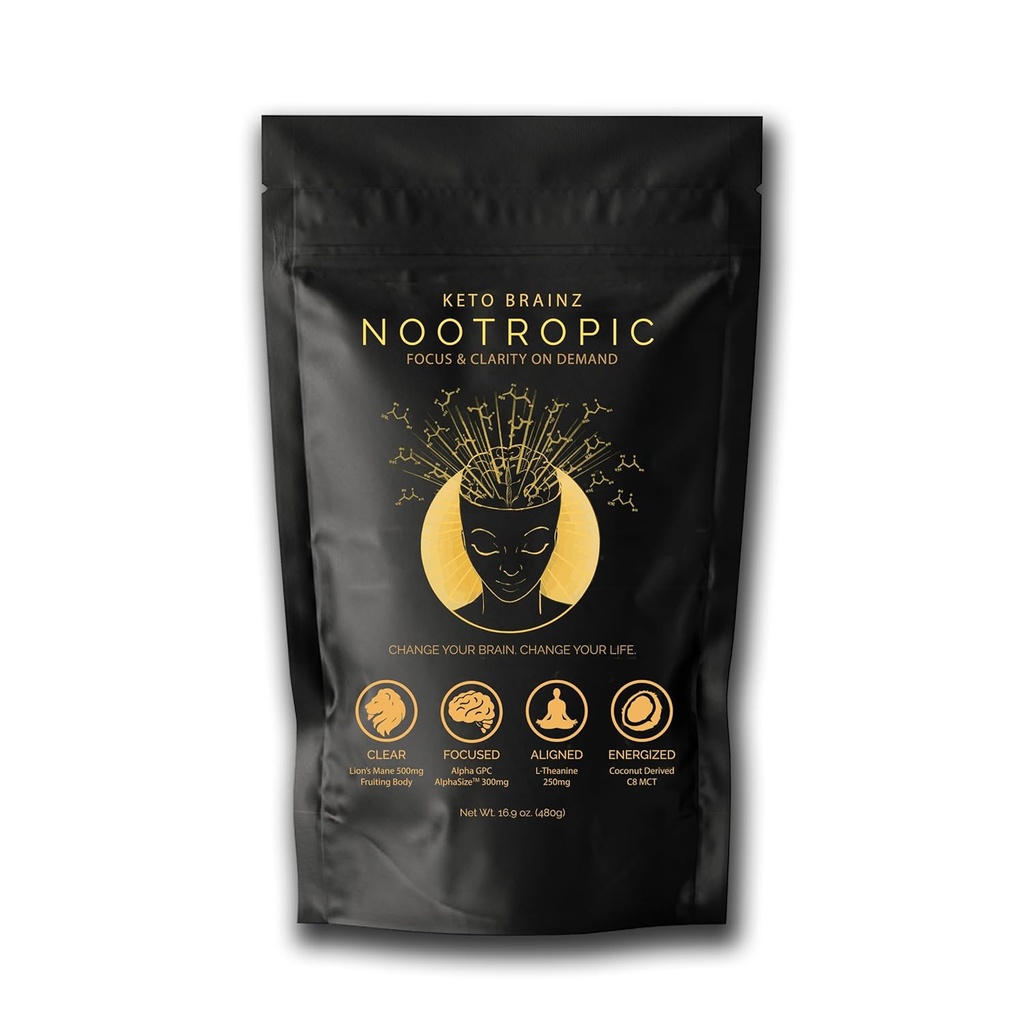 Keto Brainz C8MCT Basado en Nootropic - con 500mg Lion's Mane Mushroom, AlphaGPC & L-Theanine Este es el último fácil de usar Stack nootrópico & hace café de seta delicioso! 16oz. 30 Servicios