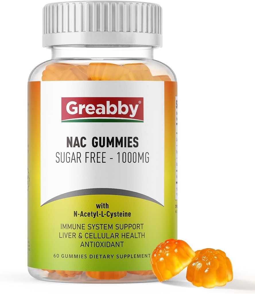 NAC Gummies Azúcar Gratis, N Acetyl Cysteine NAC Suplemento 1000mg para Antioxidantes, Lung &amp; Liver Health, Immune Support, Vegan Orange Flavor, 60ct