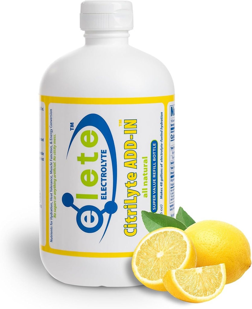 elete CitriLyte Electrolyte Add-in Hydration Drops TEN Sodium Magnesium Potassium Trace Minerals TEN Slight Lemon Flavor ANTE Muscle Cramp Relief ANTE Transform Any Drink into a Sports Drink, 18.6oz Refill Size