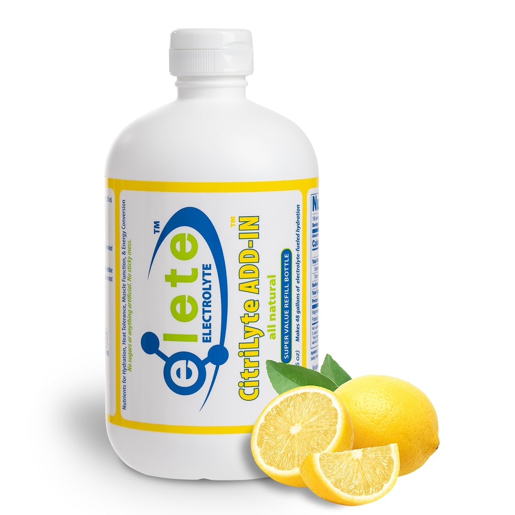 elete CitriLyte Electrolyte Add-in Hydration Drops TEN Sodium Magnesium Potassium Trace Minerals TEN Slight Lemon Flavor ANTE Muscle Cramp Relief ANTE Transform Any Drink into a Sports Drink, 18.6oz Refill Size