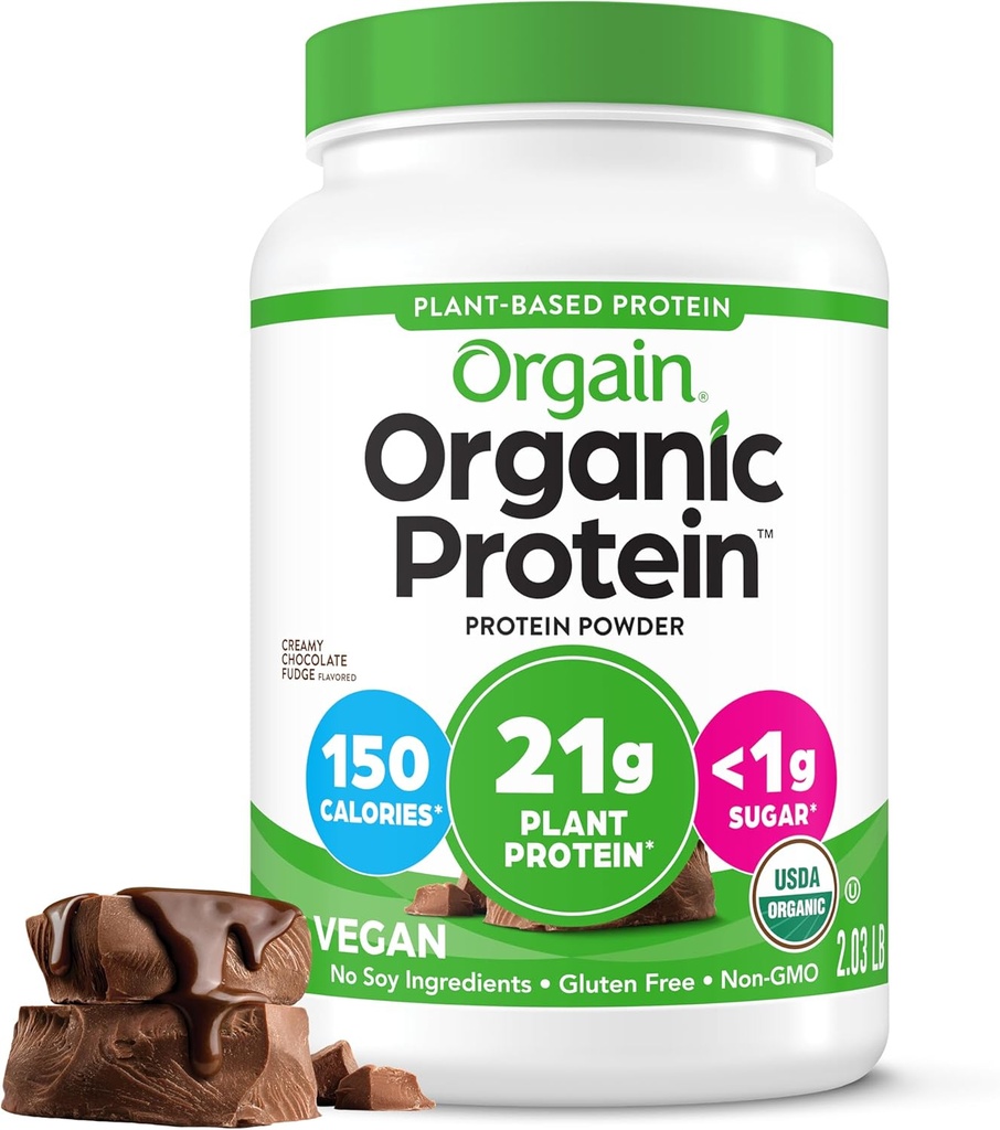 Orgain Organic Vegan Protein Powder, Creamy Chocolate Fudge - 21g Plant Protein, 6g Prebiotic Fiber, Low Net Carb, No Lactose Ingredients, No Added Sugar, Non-GMO, For Shakes & Smoothies, 2.03 lb