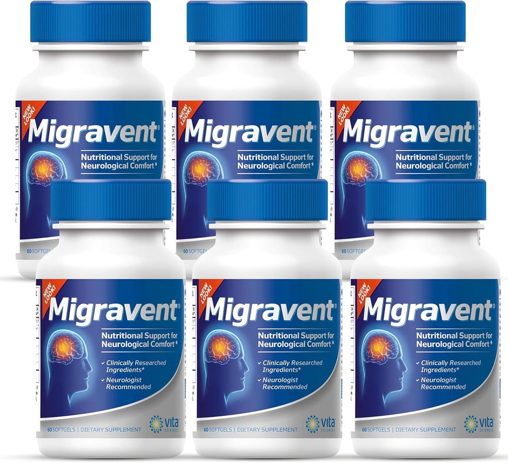 Vita Sciences Migravent Migraine Relief Supplement w/Vitamin B2, Riboflavin, Magnesium, Coenzyme CoQ10, PA-Free Butterbur, Bioperine, Premium Herbal Extracts (60 Cuenta (Pack of 6)