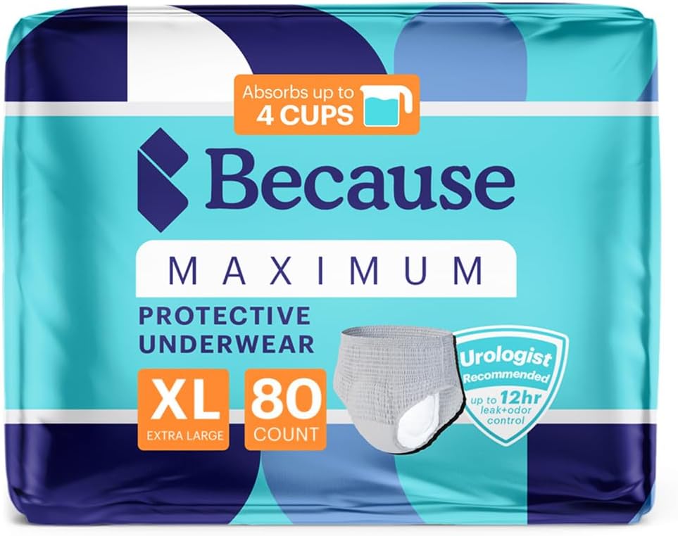 Debido a la máxima incontinencia ropa interior para hombres - Protección de Leak de la vejiga pesada, Ideal para el Leakage de la noche, Sleek, Invisible Fit, Grey, XLarge - Absorbs 4 Copas - 80 Cuenta (4 Packs de 20)