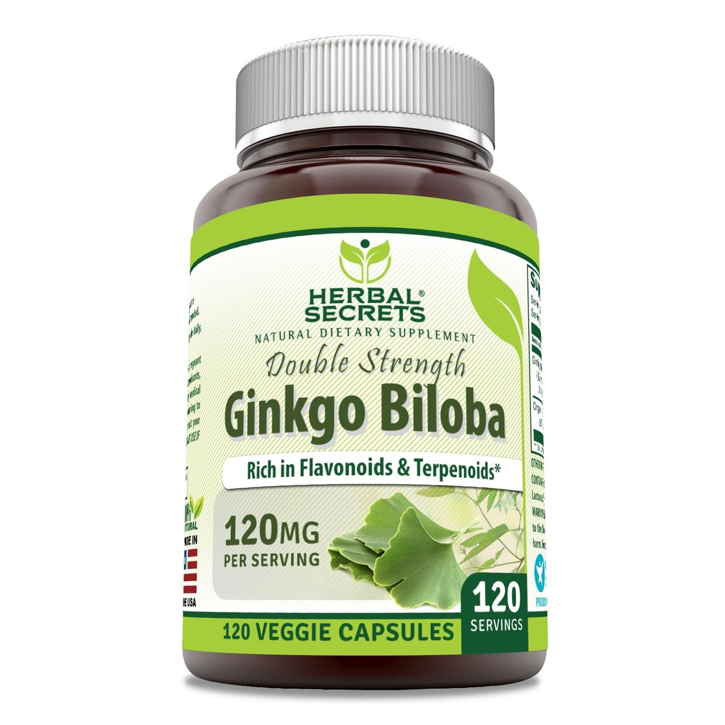 Herbal Secrets Ginkgo Biloba Double Strength Supplement | 120 Mg | 120 Veggie Capsules | Non-GMO | Gluten-Free | Made in USA