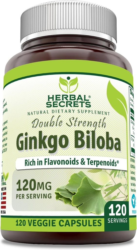 Herbal Secrets Ginkgo Biloba Double Strength Supplement TEN 120 Mg TEN 120 Veggie Capsules ← No Gluten-Free TEN Made in USA