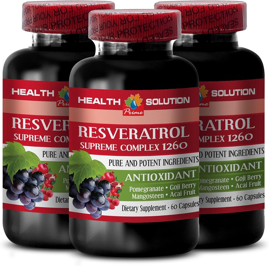 Amplifica tu resistencia natural - RESVERATROL SUPREME COMPLEX - Resveratrol Extract with Goji Berry, Acai, Noni, Pomegranate, Mangosteen, Superfruit Blend, Antioxidant, Immune Support, 3 Bot 180 Caps