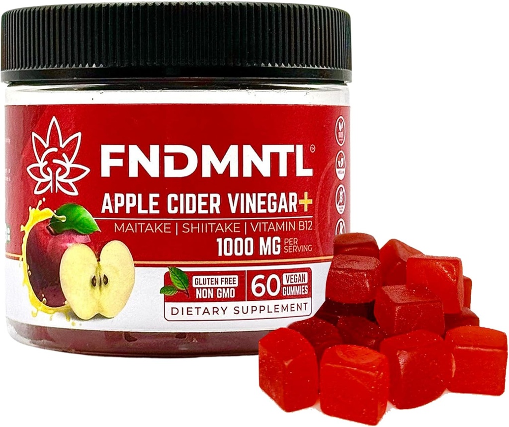 FNDMNTL Manzana Vinagre Gummies ← Maitake, Shitake, Vitamina B12 Silencio 1000 mg Silencio 60 Conde Silencio libre de gelatina, libre de gluten, vegano y no GMO