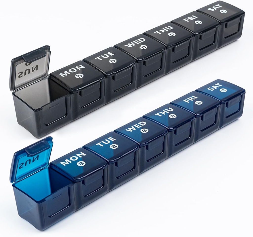 2-Pack organizador semanal de gran pill para viajes, 7 días cajas y organizadores, gran número de piezas caja de píldoras AM, 14 días XL medicamento organizador dispensador para aceites de pescado, suplemento de vitamina Holder