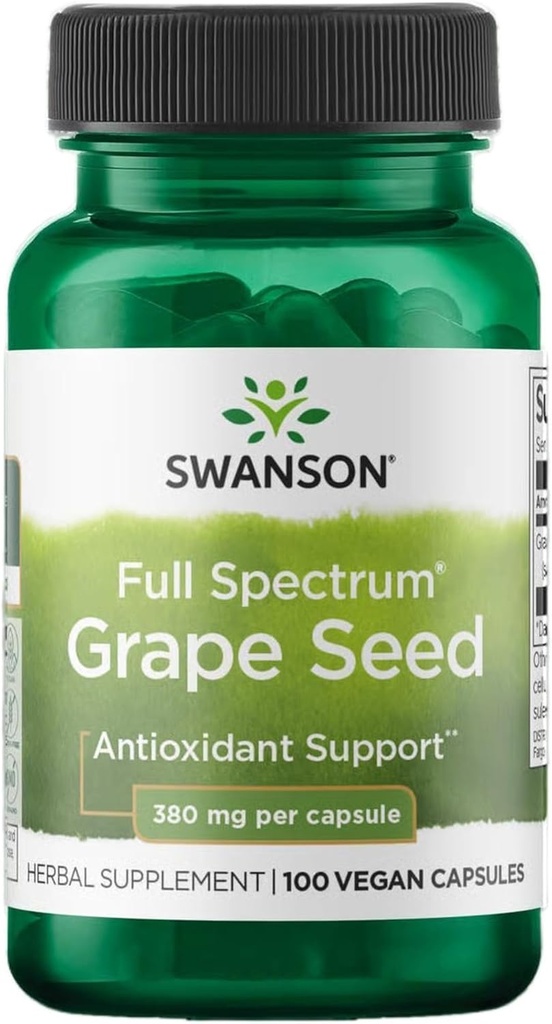 Swanson Grape Seed Heart Antioxidant Radicales sanos Presión arterial Soporte Polifenoles OPCS (Oligomeric Proanthocyanidins) Suplemento herbal 380 mg 100 cápsulas