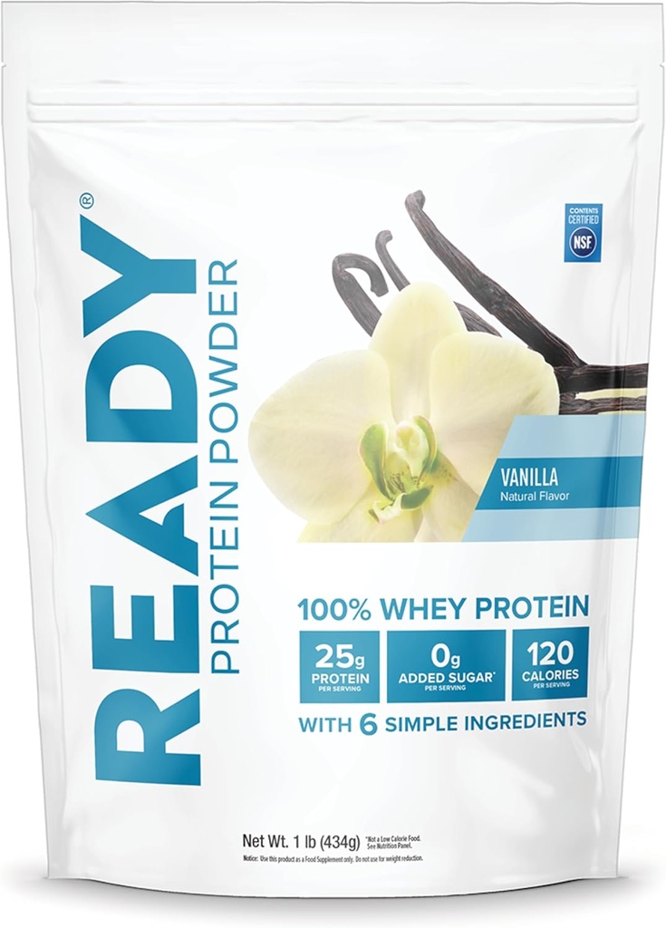 Ready® Protein Powder – 25g Whey Protein, 120 Calories, 0g Added Sugar – 7 Simple Ingredients – No Artificial Additives – Gluten-Free, Clean & Natural – Vanilla (1 Pound Bag)