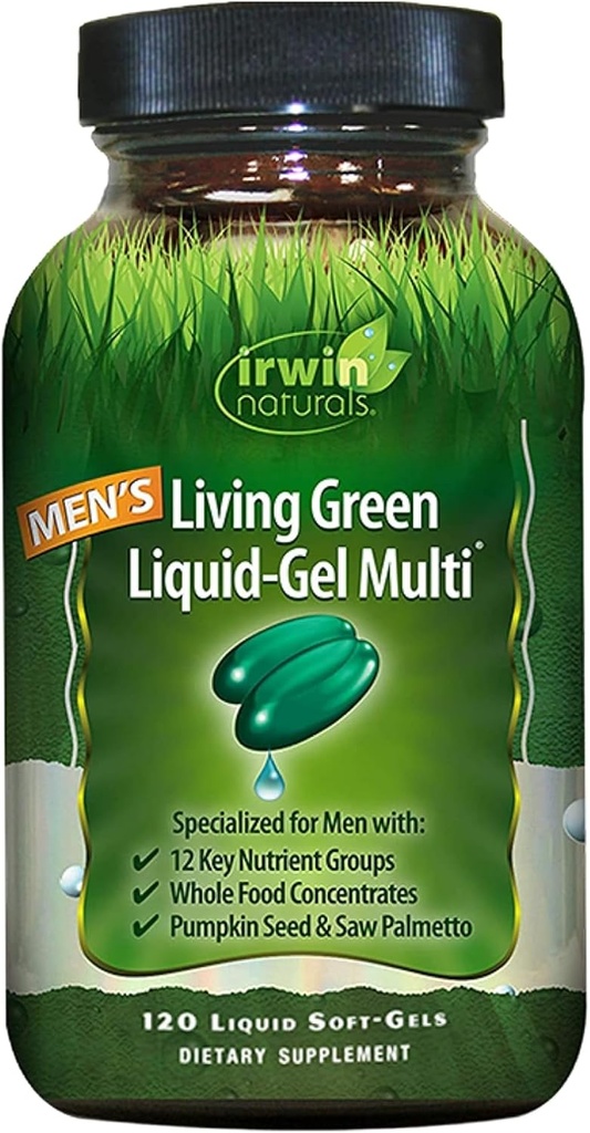 Irwin Naturals Hombres Living Green Liquid-Gel Multi - 70 Nutrientes Esenciales, Vitaminas Full-Spectrum, Alimento integral - Arenal objetivo &amp; Brain Support - 120 Liquid Softgels