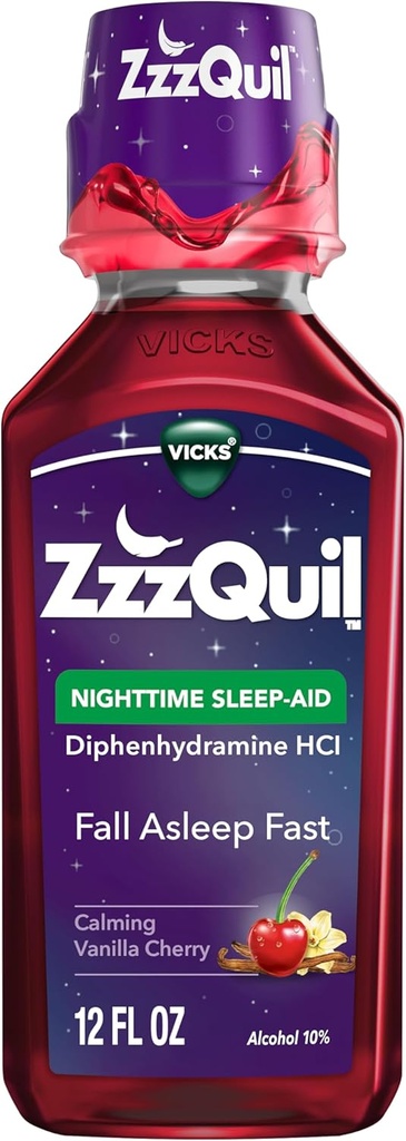 ZzzQuil, Nighttime Sleep Aid Liquid, 50 mg Diphenhydramine HCl, No.1 Sleep Aid Brand, Fall Asleep Fast, Non-Habit Forming, Calming Vanilla Cherry, 12 FL OZ