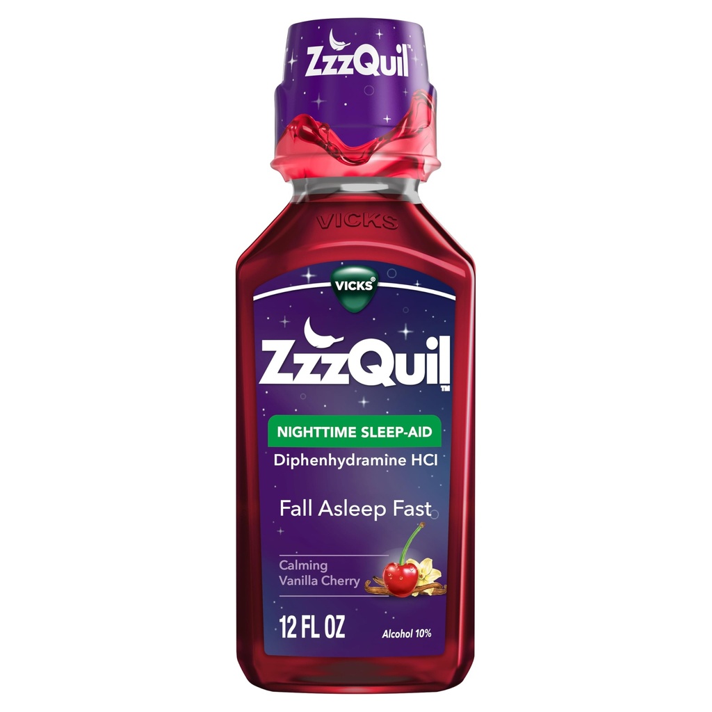 ZzzQuil, Nighttime Sleep Aid Liquid, 50 mg Diphenhydramine HCl, No.1 Sleep Aid Brand, Fall Asleep Fast, Non-Habit Forming, Calming Vanilla Cherry, 12 FL OZ