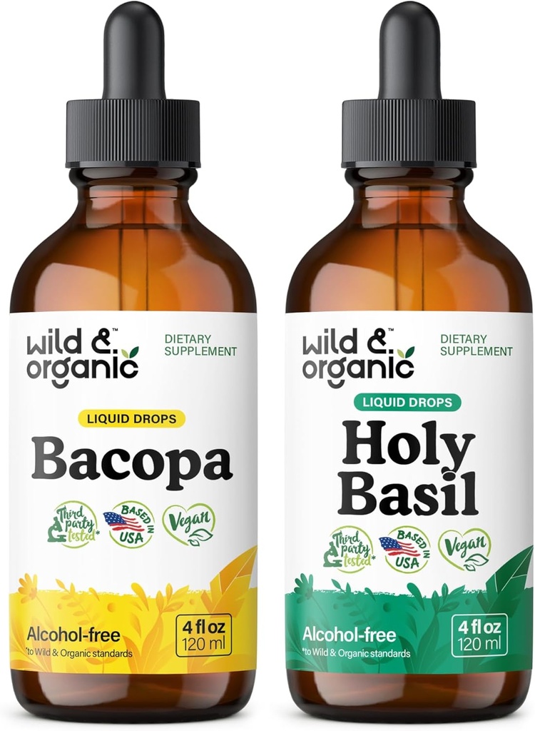 Wild &amp; Organic Bacopa Tincture 4 fl oz &amp; Holy Basil Tincture 4 fl oz