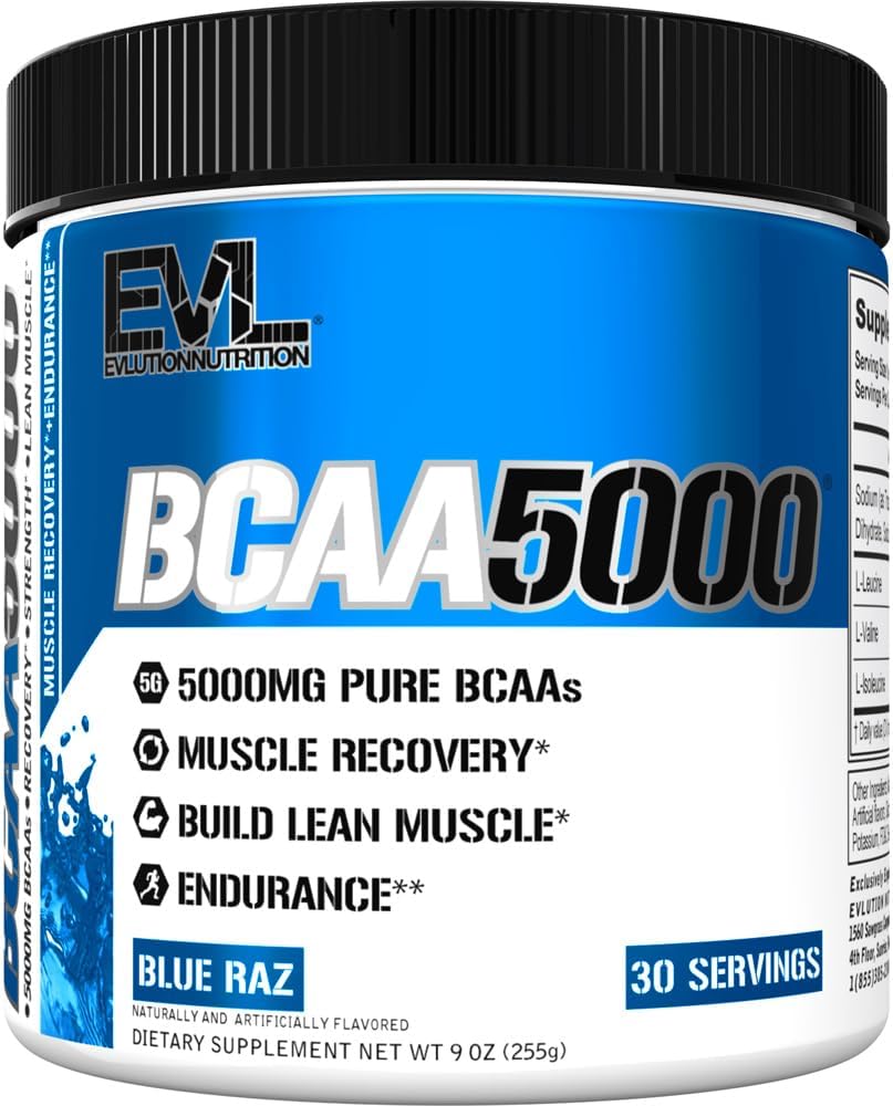 Evlution EVL BCAAs Amino Acids Powder - BCAA Powder Post Workout Recovery Drink and Stim Free Pre Workout Energy - 5g Branched Chain Amino Acids Supplement for Men - Blue Raz