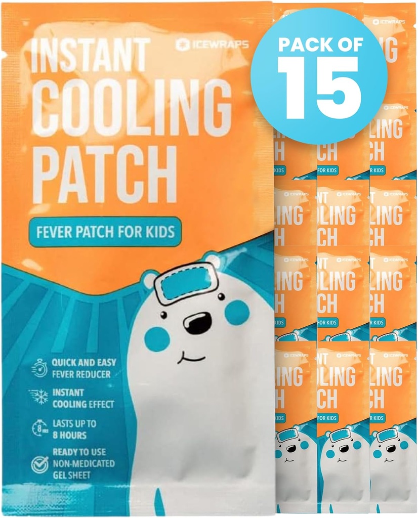 ICEWRAPS Fever Patch for Kids &amp; Adults ← Patches fríos para la migraña, Headache &amp; Fever Relief ← Hojas Gel para el dolor &amp; Comfort, Pack of 15