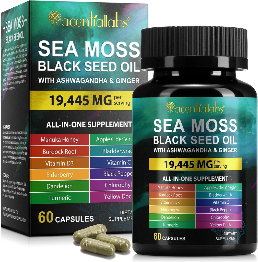 Sea Moss Black Seed Oil Capsules, Ashwagandha Ginger Capsule with Vitamin C D3, Multi Blend Nutrition Supplement for Immunity, Digestive, Energy, Skin & Hair, Black Seed Oil Moss Capsules, 60P