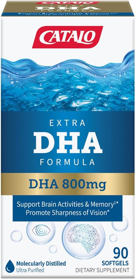 CATALO Extra DHA Fórmula, 800mg DHA por ser, Ocean Fish Oil Softgels con sabor natural de limón, Destilación molecular avanzada, fácil de cambiar, sin colores artificiales y conservadores – 90 Softgels