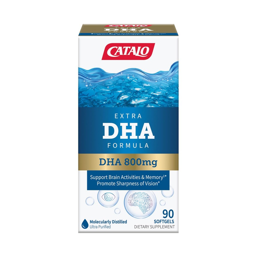 CATALO Extra DHA Fórmula, 800mg DHA por ser, Ocean Fish Oil Softgels con sabor natural de limón, Destilación molecular avanzada, fácil de cambiar, sin colores artificiales y conservadores – 90 Softgels