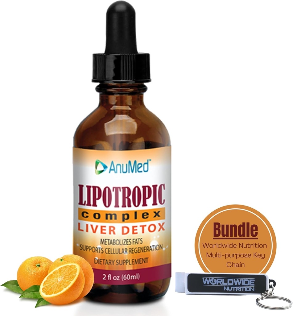Global Nutrition Bundle: Anumed Lipotropic Complex - Folic Acid, Vitamin B12, Vitamina B6 - Non GMO, Gluten Free, Easy-to-Use 2oz Lipotropic Drops with Multi-Purpose Key Chain