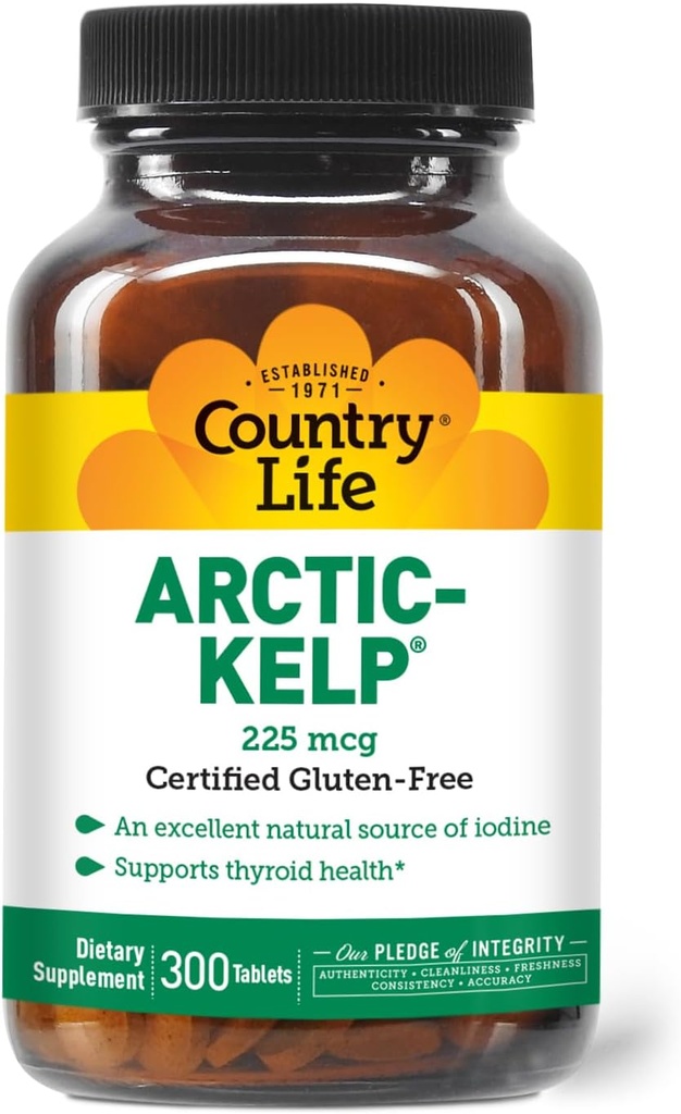 Country Life Arctic-Kelp – Natural Iodine Supplement for Thyroid and Immune Support – Vegan, Gluten-Free, 225 mcg – Ideal para la salud tiroidea, el hipotiroidismo y el soporte arenal, 300 Tablets