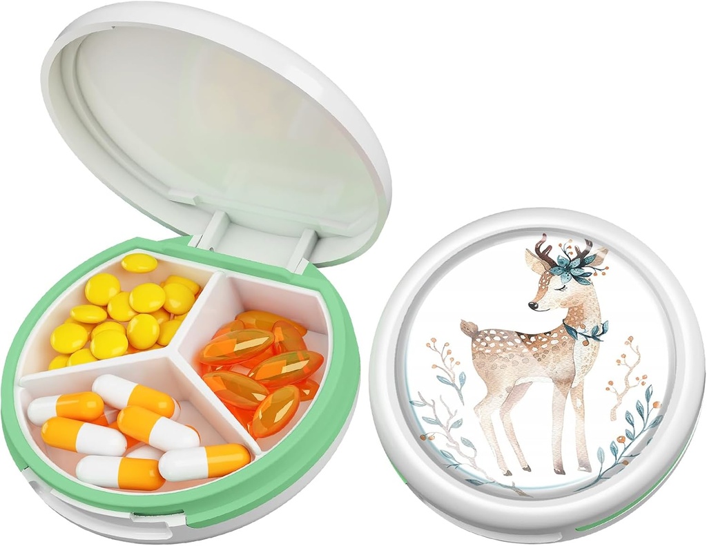 Caja de Pill pequeña Serfeymi - 3 Compartimientos Caja de Píldora Portátil, Caja de Píldora compacta Mini - Apto para Medicina, Vitamina, Petróleo de Pesca, Suplementos - Blanco(Deer)