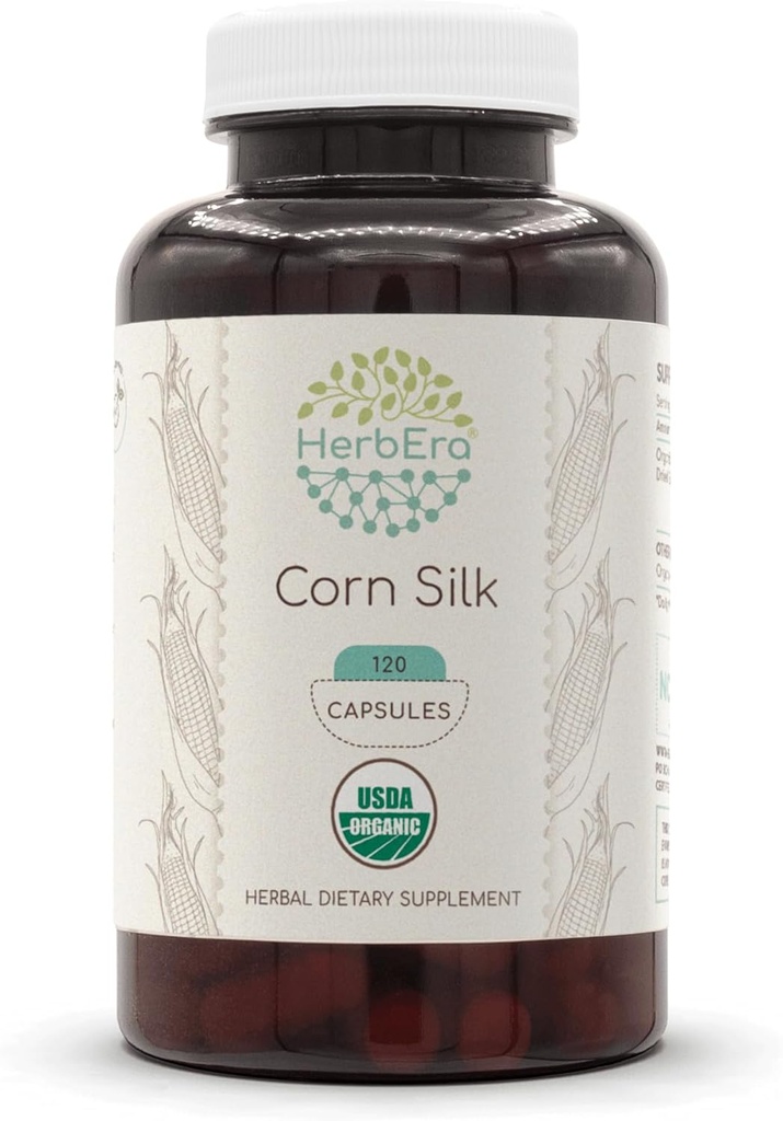 HerbEra Corn Silk USDA Organic 120 Capsules ← Suplemento Natural Herbal ← Certified Organic Vegetarian Capsules and Organic Corn Silk (Zea Mays) Dried Silk (120 cápsulas)