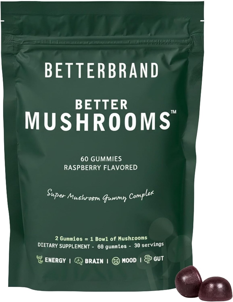 Betterbrand BetterMushrooms Nootropic Gummies - Apoya Mejor Gut Health, Función Cognitiva, Claridad Mental con 10 Mushrooms Funcionales - 60 Gummies - Raspberry Flavor - Pack de 1