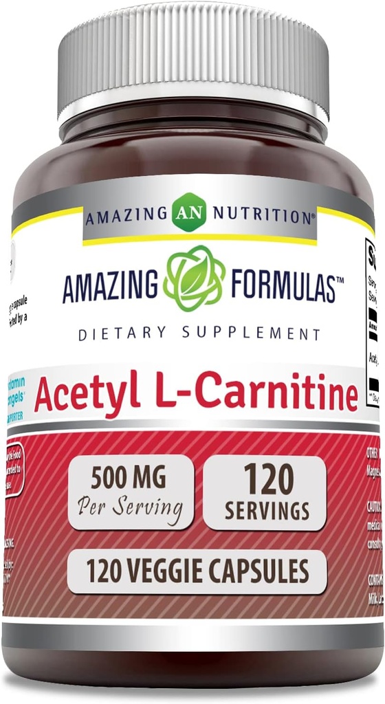 Amazing Fórmulas Acetyl L-Carnitine Hcl Suplemento Silencio 500 Mg Por Serving TEN 120 Veggie Capsules Suplemento Silencio No-GMO ANTE Gluten Free TEN Made in USA