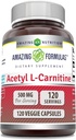 Amazing Fórmulas Acetyl L-Carnitine Hcl Suplemento Silencio 500 Mg Por Serving TEN 120 Veggie Capsules Suplemento Silencio No-GMO ANTE Gluten Free TEN Made in USA