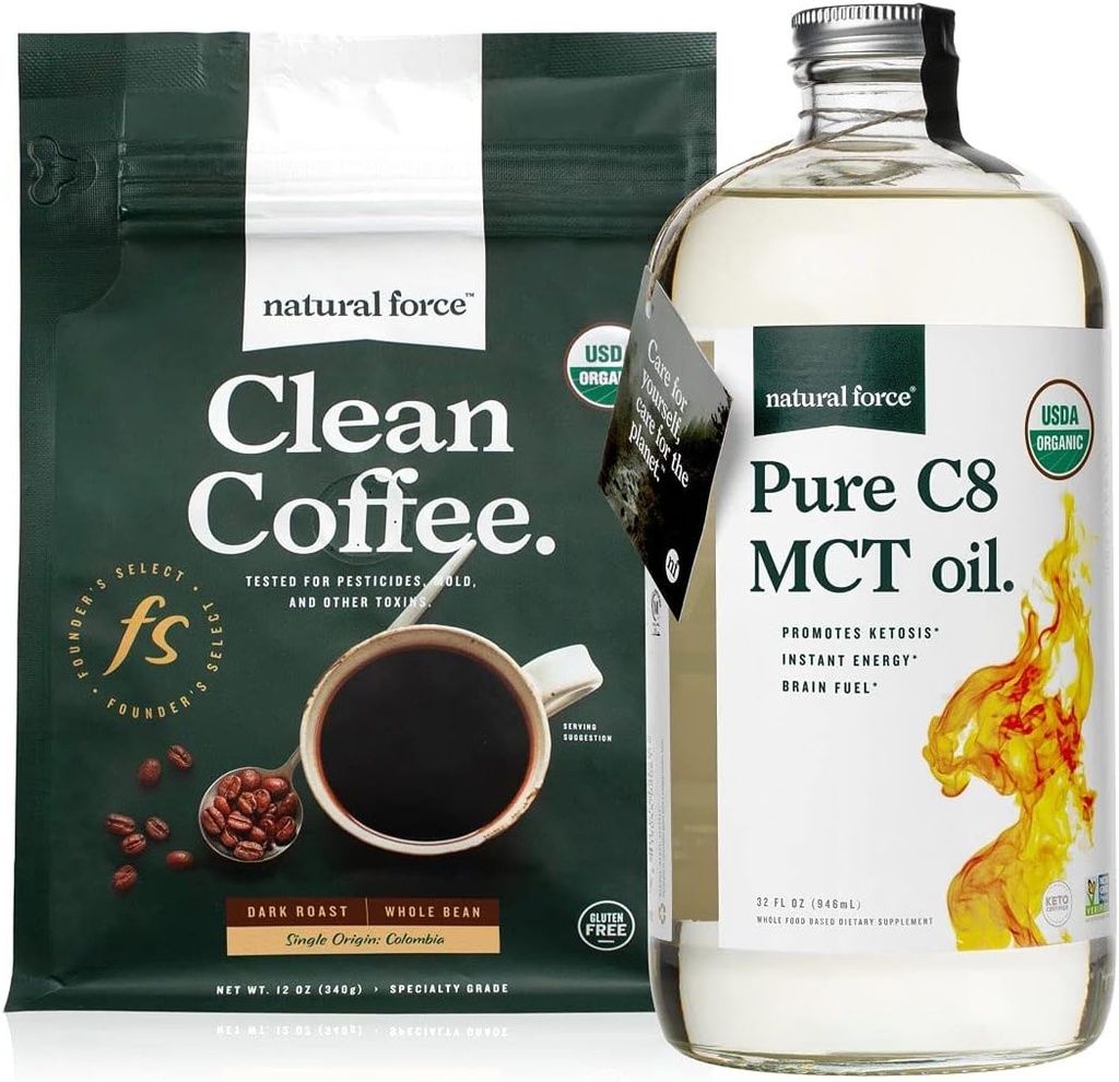 Natural Force Dark Roast Clean Coffee + Organic Pure C8 MCT Oil Bundle – 100% C8 MCTs & Mold & Mycotoxin Free Coffee – Non-GMO, Keto, Paleo y Vegan - 12 Oz y 32 Oz