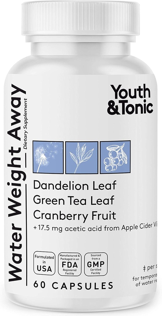 Jóvenes " Tonic Natural Water Weight Away – Herbal Diuretic Pills for Bloating, Water Retention " Swelling Support for Women " Men - 60 Caps with Dandelion, Potassium, Green Tea &amp; Apple Cider Vinegar