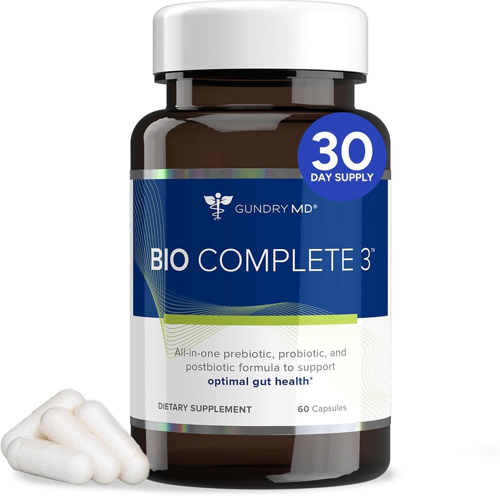 Gundry MD® Bio Complete 3, 3-in-1 Probióticos para Gut Health, Suplementos Probióticos para la Digestión, Apoyo Suplementario Bloating, Gas, Ahorros de Alimentos, Niveles de Energía, Esquí y Focus, 30 Day Supply