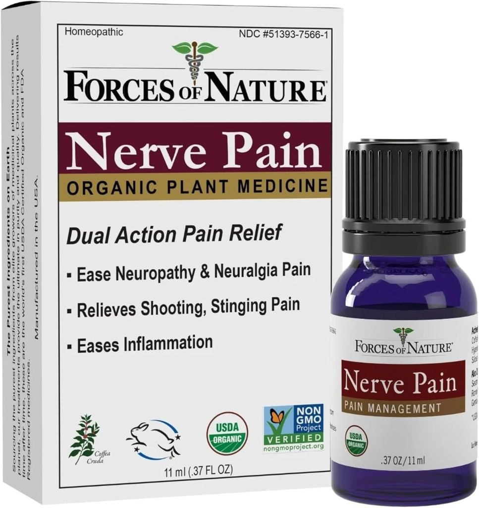 Fuerzas de la Naturaleza Nerve Manejo de Dolor, Alivio Tópico Orgánico para la Neuropatía &amp; Nerve Descomfort, Medicina Homeopática Apoya Alivio de Pains Disparados para Atrás, Manos, Legislaciones y Pies, .37 fl oz