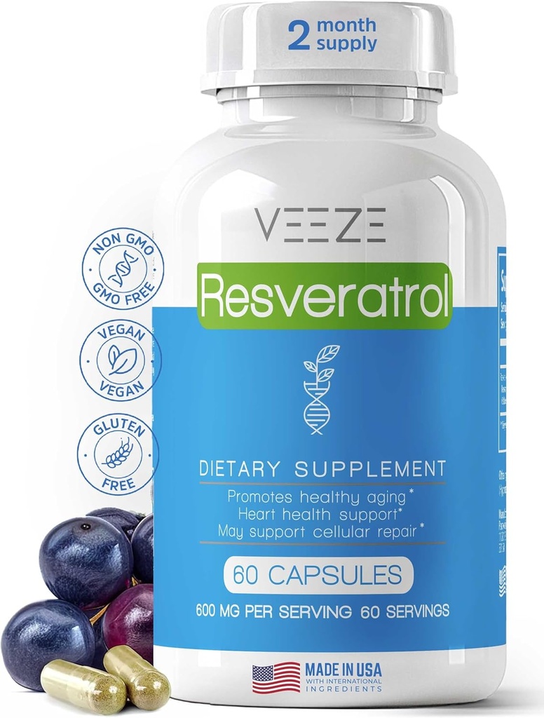 VEEZE Resveratrol Supplement 600mg 60 Capsules & 60 Servings - Made in USA Natural &amp; Organic Resveratrol - Rich in Antioxidants " Trans Resveratrol for Well-Being Support - Premium Organic Resveratrol