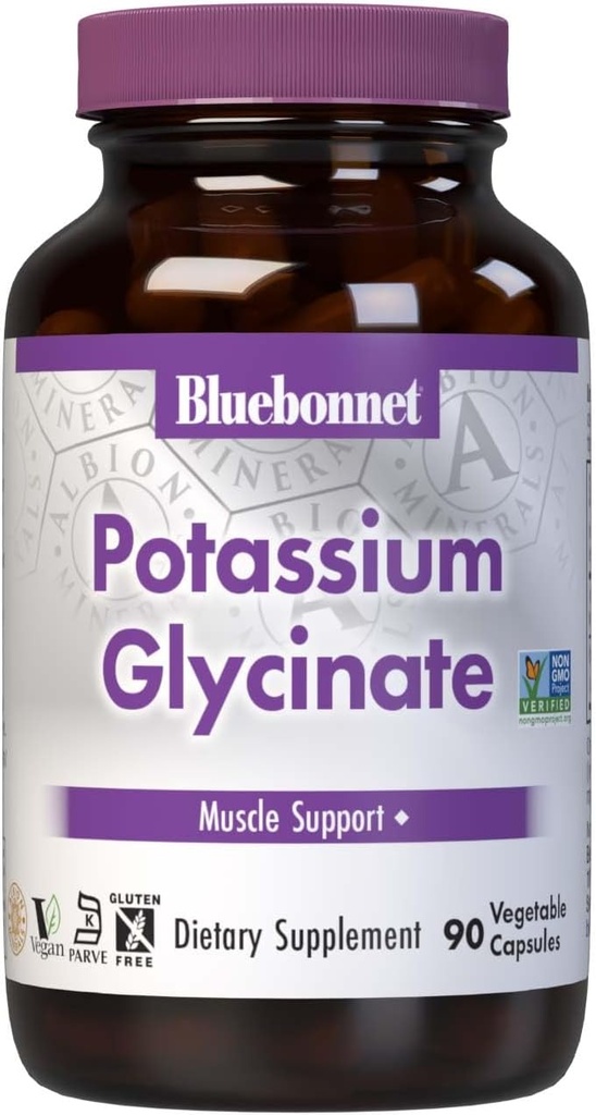 Bluebonnet Potassium Suplemento 99 mg Albion Glycinate Complex - Electrolyte Balance, Muscle Strength &amp; Recovery Mineral Support for Women &amp; Men* - Non-GMO, Vegan, Gluten-Free - 90 Vegetable Capsules