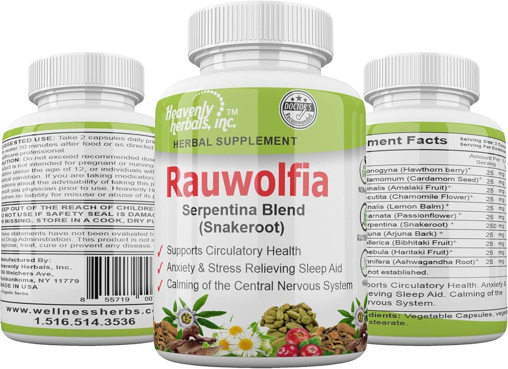 Rauwolfia Serpentina Blend (Snakeroot), 1000mg por Serving - Suplemento Hierba Orgánica - Herb Ayurvedic &amp; Remedy Natural -Apoyos Salud Circulatoria, Cardiovascular Health Aid– 60 Ct.