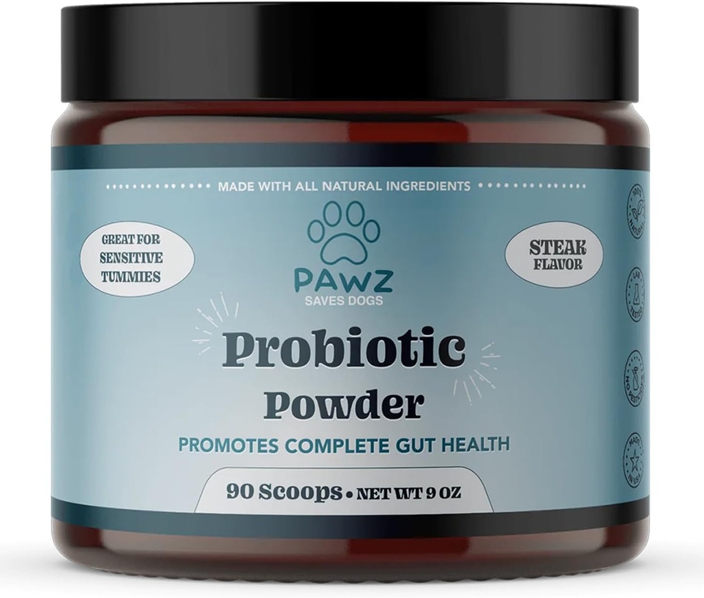 PAWZ Probiotic Powder for Dogs - 90 Scoops Steak Flavor - Promotes Gut Health and Digestion - Probiotics Supplement Support Immune System & Skin and Coat Health - Apto para todos los tipos de perros