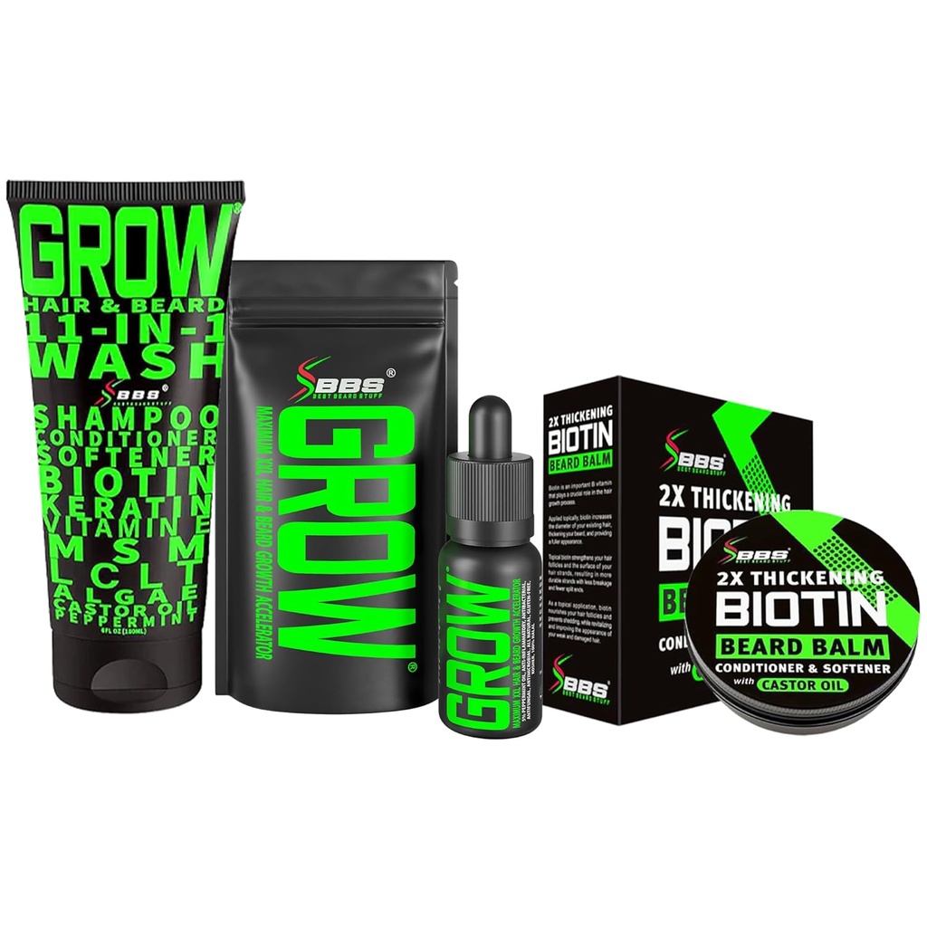 Beard Growth Kit w / 2X Biotin Beard Balm for Men &amp; Mustache Wax + GROW 11-in-1 Mens Shampoo & Conditioner (Hair Growth Shampoo for Men w/Biotin) + GROW Facial Hair Growth Oil (Made in America)