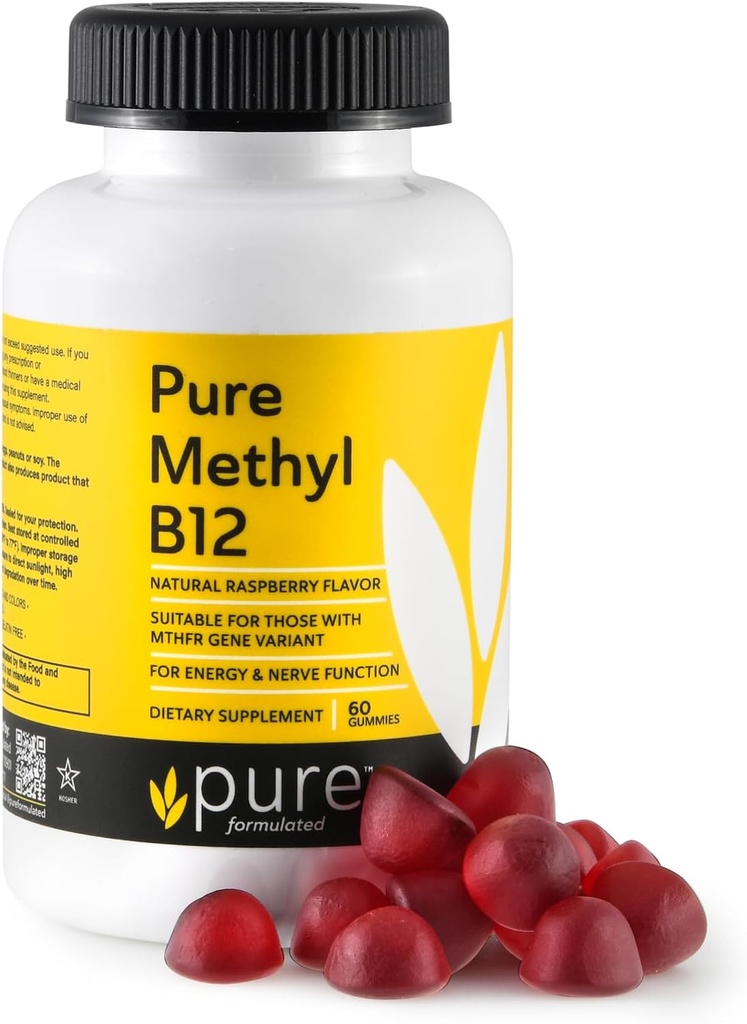 Methyl B12 Vitamin Gummies - Vegan Vitamina B12 Methylcobalamin Gummies for Adults &amp; Kids - Chewable B-12 gummy for Energy &amp; Nerve Función - Sin gluten, sin lácteos, Kosher-60 Gummies 1500 mcg
